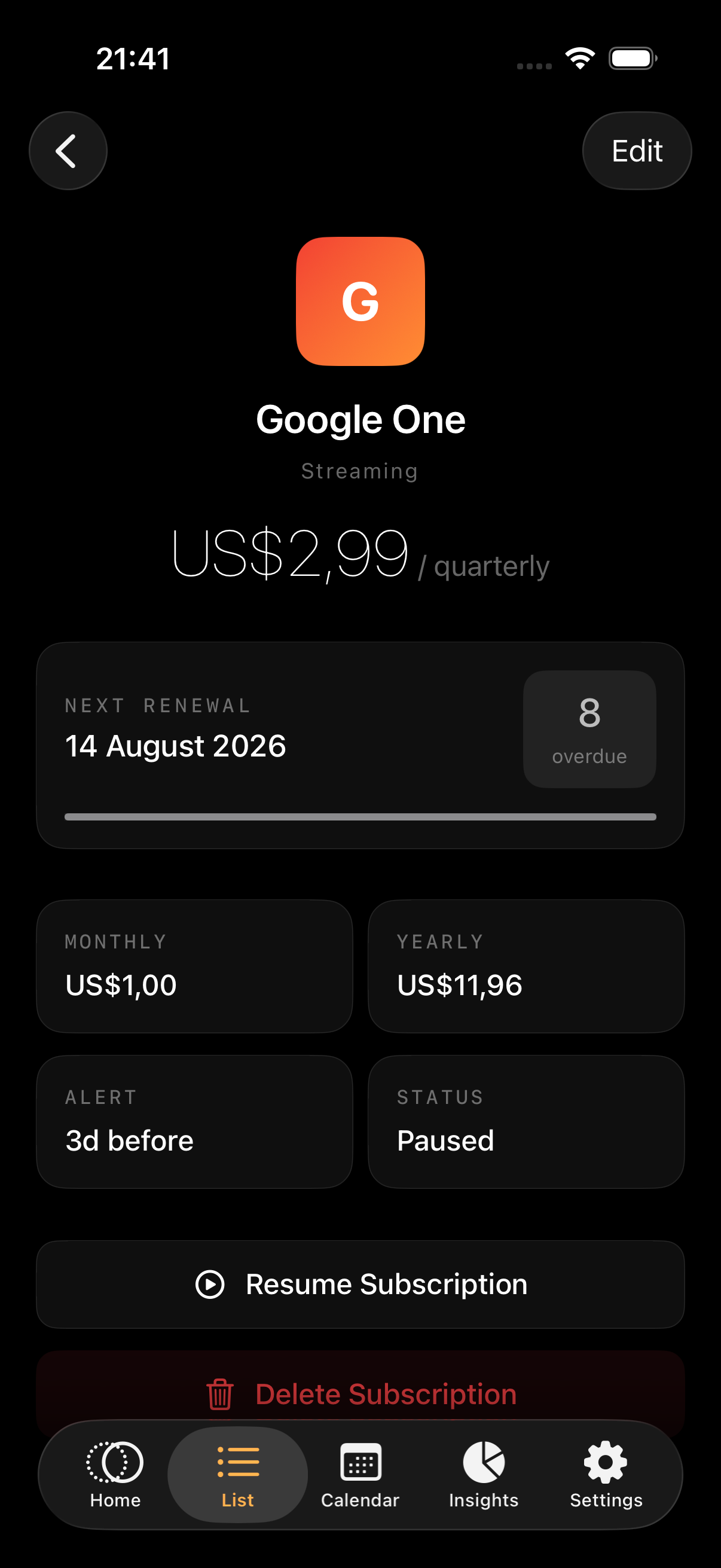 MurphSignal subscription detail with renewal, cost, alert, and status information