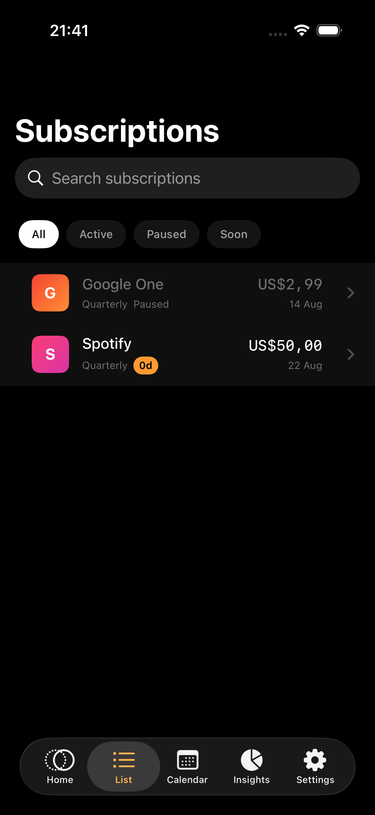MurphSignal subscription list with search and status filters